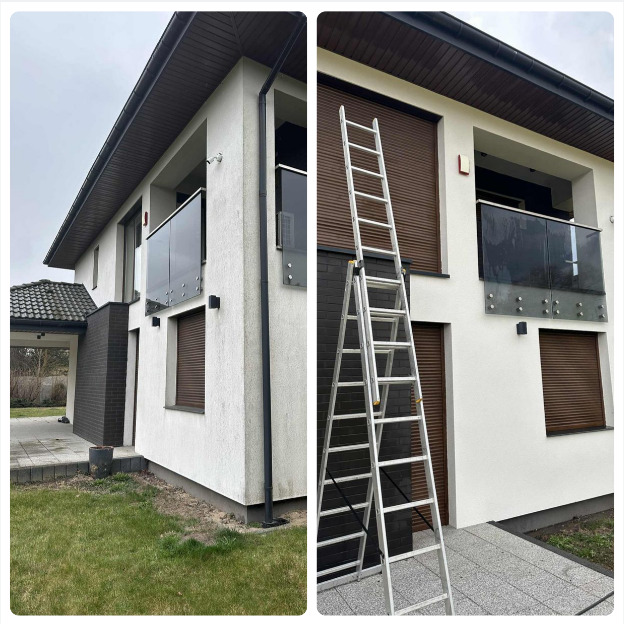 Dwuczęściowe ujęcie domu przed i po czyszczeniu elewacji, z drabiną opartą o ścianę. Widoczne różnice w czystości fasady i kostki brukowej.
