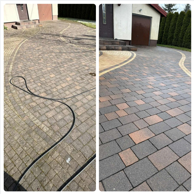 Efekt mycia kostki brukowej: po lewej brudna, po prawej czysta, z widocznym wzorem. Wąż ogrodowy leży na brudnej części. Widoczne budynki w tle.