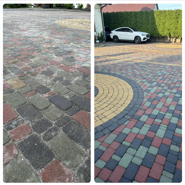 Efekt przed i po: wyczyszczona, kolorowa kostka brukowa na podjeździe, z widocznym samochodem w tle. Kontrast czystości i intensywności barw.
