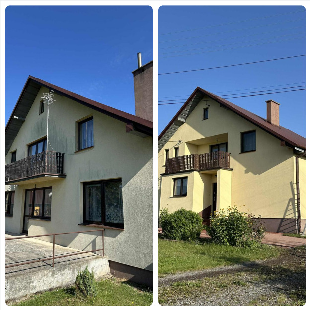 Dom dwukondygnacyjny przed i po odświeżeniu elewacji. Po lewej stronie widoczny brudny budynek, po prawej odnowiony, z nowym kolorem elewacji i czystym dachem.