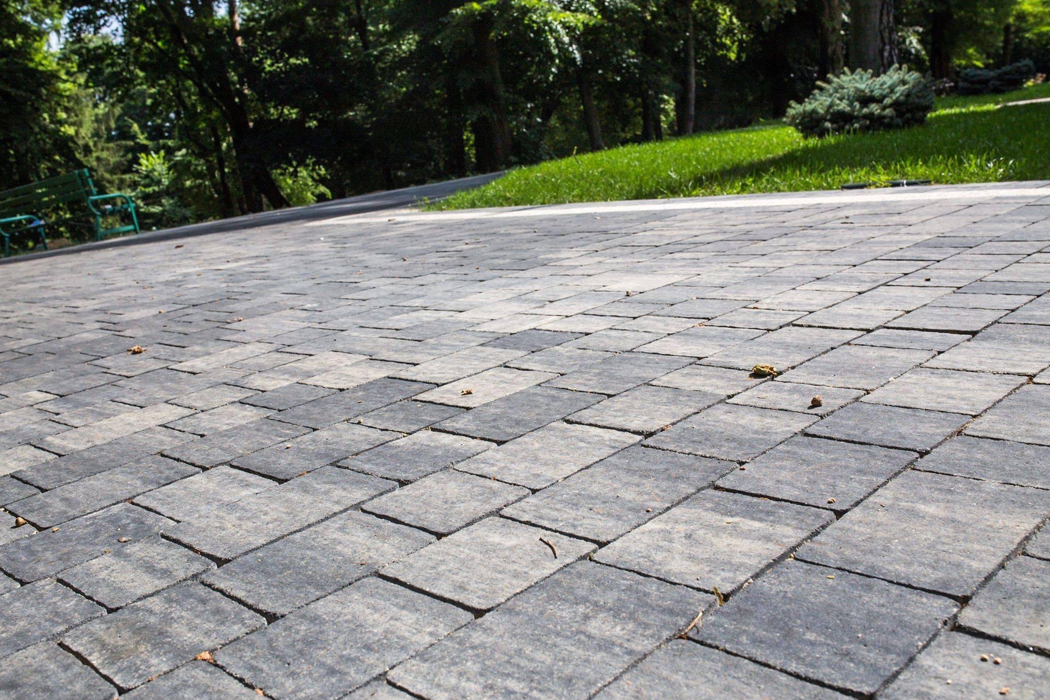 Szara, prostokątna kostka brukowa ułożona na podjeździe, z widocznymi drobnymi liśćmi i fragmentami roślinności w tle.