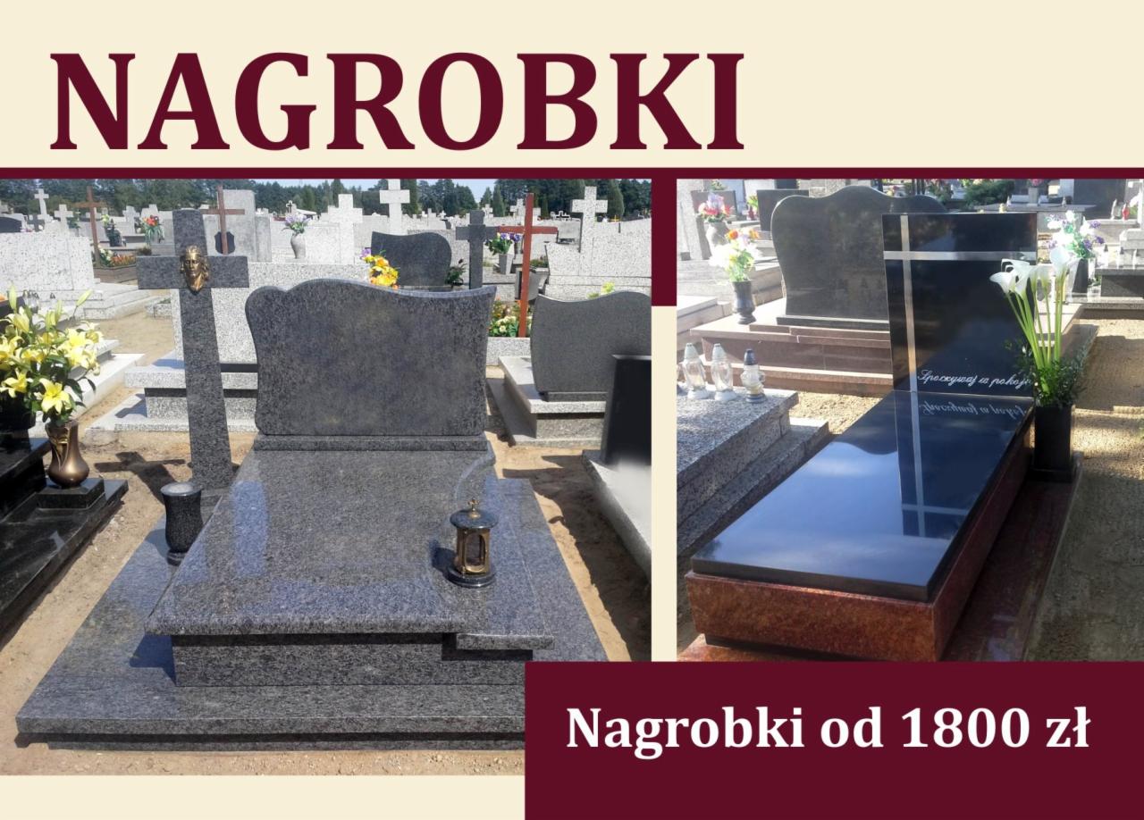 Dwa nagrobki z granitu na cmentarzu, jeden szary z lampionem, drugi czarny z białymi liliami, w tle krzyże i inne nagrobki. Oferta: Nagrobki od 1800 zł.