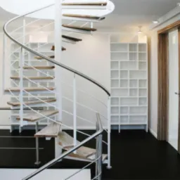Biała spiralna klatka schodowa z drewnianymi stopniami w nowoczesnym wnętrzu z czarną podłogą, białymi ścianami i wbudowanym regałem.