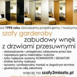 Reklama firmy szafy3miasto.pl prezentująca szafy przesuwne wnękowe z różnymi wykończeniami drzwi, od czarnych po lustrzane i drewniane, z informacjami o doświadczeniu, materiałach i montażu...