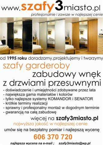 Reklama firmy szafy3miasto.pl prezentująca szafy przesuwne wnękowe z różnymi wykończeniami drzwi, od czarnych po lustrzane i drewniane, z informacjami o doświadczeniu, materiałach i montażu...