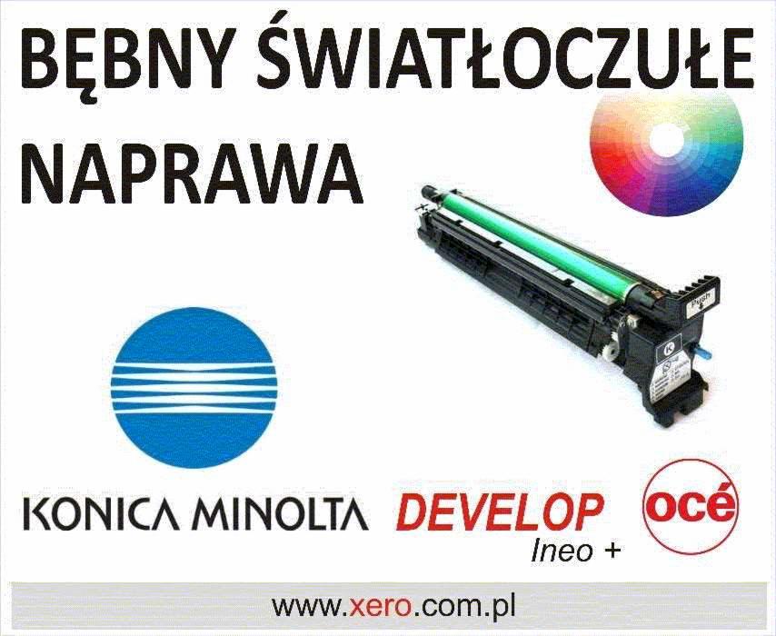 Grafika reklamowa z hasłem 'Bębny światłoczułe NAPRAWA', logotypami Konica Minolta, Develop i Océ, paletą barw oraz zdjęciem modułu bębna światłoczułego z zielonym wałkiem.