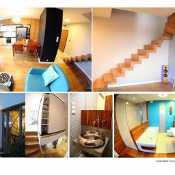 AZW Architekci - Kolaż wnętrz apartamentu: salon z turkusową sofą, schody z drewna, łazienka z drewnianymi akcentami, balkon z widokiem na miasto.