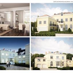 AZW Architekci - Wizualizacja zespołu budynków wielorodzinnych w Pruszkowie: wnętrze z kryształowym żyrandolem, elewacja budynku z balkonem i garażem, para spacerująca przed budynkiem o zmierzchu.