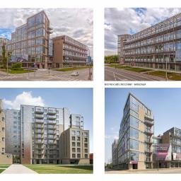 AZW Architekci - Kompozycja czterech ujęć nowoczesnych budynków wielorodzinnych i biurowych z elementami szkła i metalu w Warszawie, w różnych perspektywach i oświetleniu.