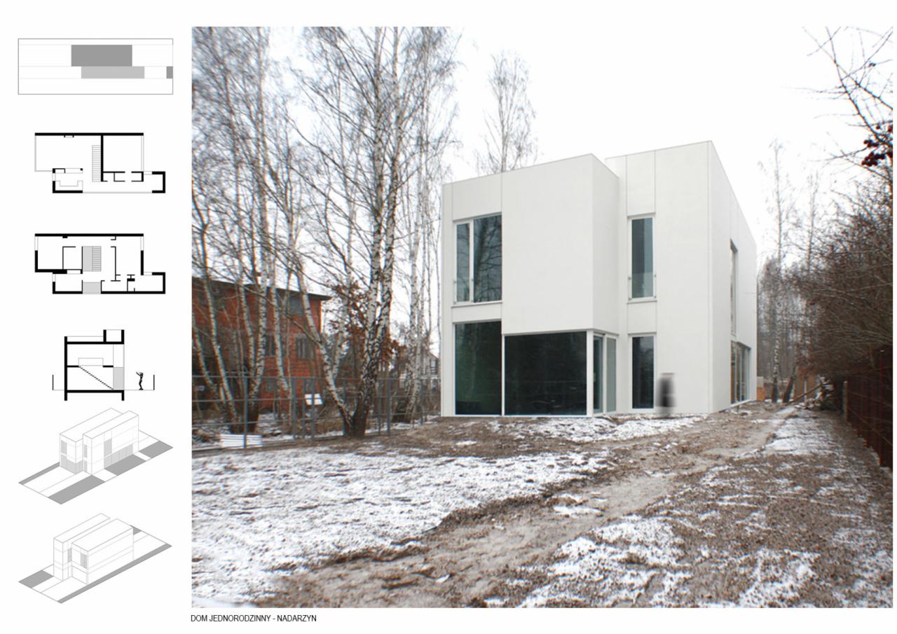 Nowoczesny, biały dom jednorodzinny z dużymi oknami, otoczony drzewami, w zimowej scenerii z elementami planów architektonicznych po lewej stronie zdjęcia.