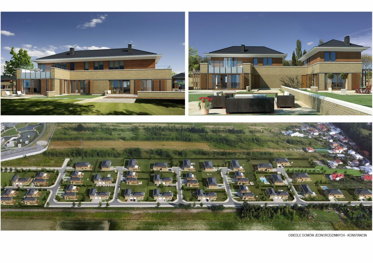 Wizualizacja osiedla domów jednorodzinnych z elementami drewna i beżowej cegły, widok z różnych perspektyw, w tle krajobraz podmiejski.