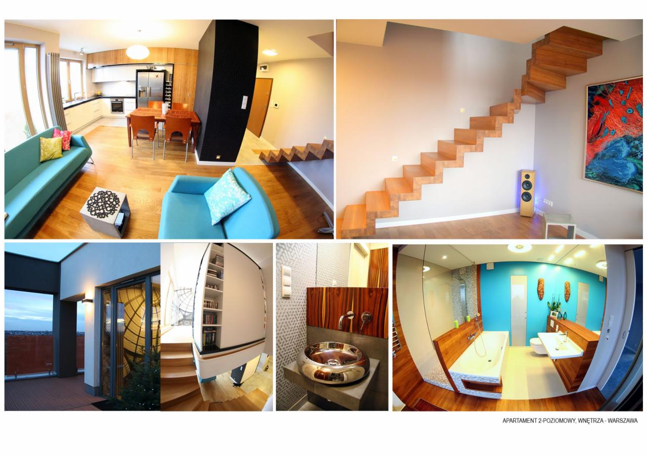 Kompozycja wnętrz apartamentu: salon z turkusową sofą, drewniane schody, łazienka z elementami drewna i niebieską ścianą akcentującą.