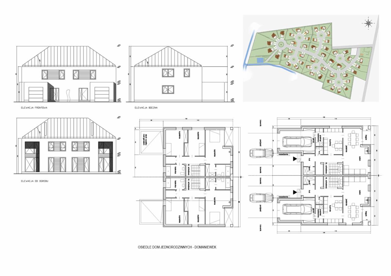 Rzut osiedla domów jednorodzinnych: elewacje frontowa, boczna i od ogrodu, plany kondygnacji z zaznaczonymi pomieszczeniami i miejscami parkingowymi.