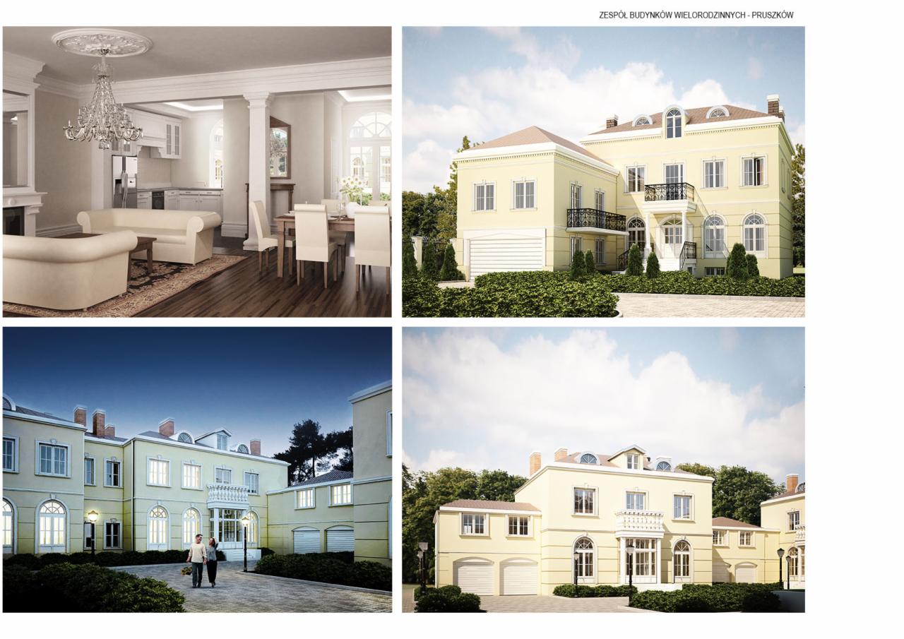 Wizualizacja zespołu budynków wielorodzinnych w Pruszkowie: wnętrze z kryształowym żyrandolem, elewacja budynku z balkonem i garażem, para spacerująca przed budynkiem o zmierzchu.