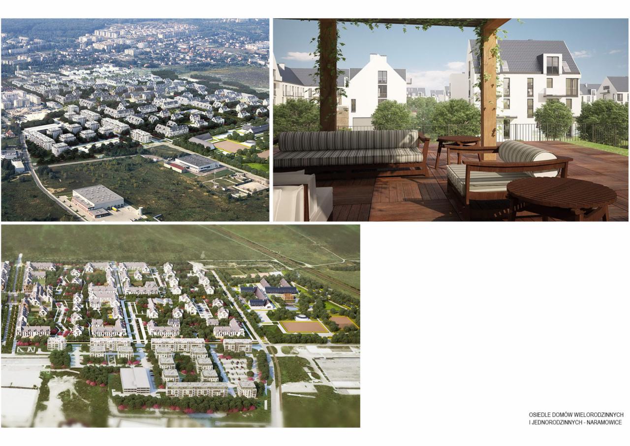 Wizualizacja osiedla domów jednorodzinnych i wielorodzinnych z lotu ptaka, uzupełniona o aranżację tarasu z drewnianą podłogą i meblami ogrodowymi.