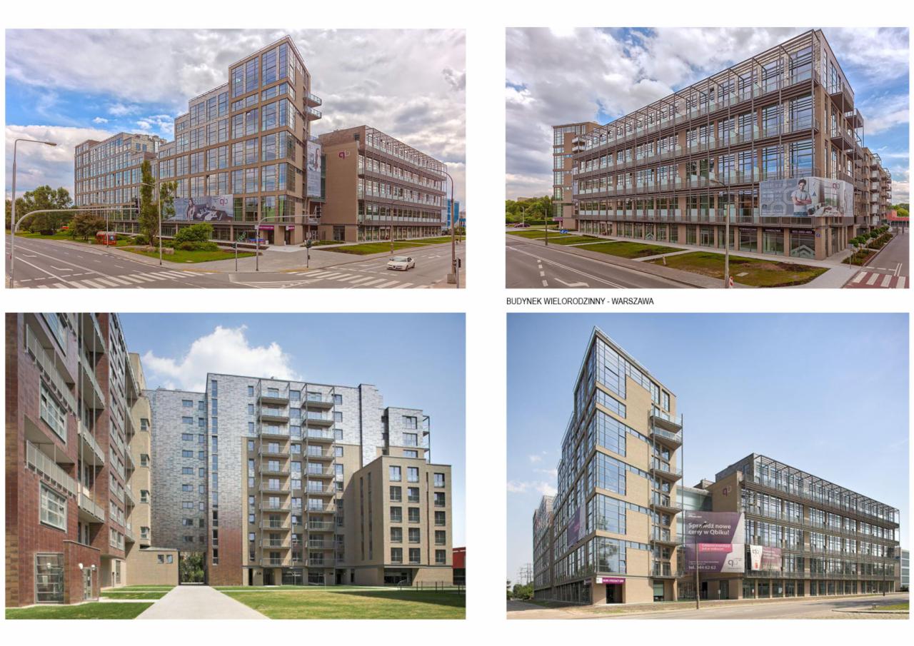 Kompozycja czterech ujęć nowoczesnych budynków wielorodzinnych i biurowych z elementami szkła i metalu w Warszawie, w różnych perspektywach i oświetleniu.