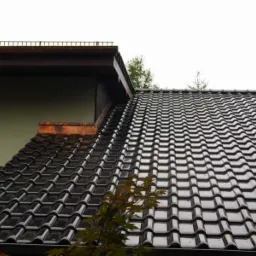 Czarny dach ceramiczny z kominem i fragmentem budynku w tle, widok z dołu na połaci dachu.