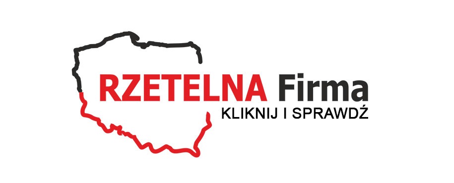 Logo firmy z mapą Polski obrysowaną czarno-czerwonym konturem i napisem 'RZETELNA Firma KLIKNIJ I SPRAWDŹ'.
