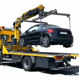 Żółta laweta z czarnym autem osobowym na platformie, widok z tyłu, białe tło. Pomoc drogowa w trakcie transportu uszkodzonego pojazdu.