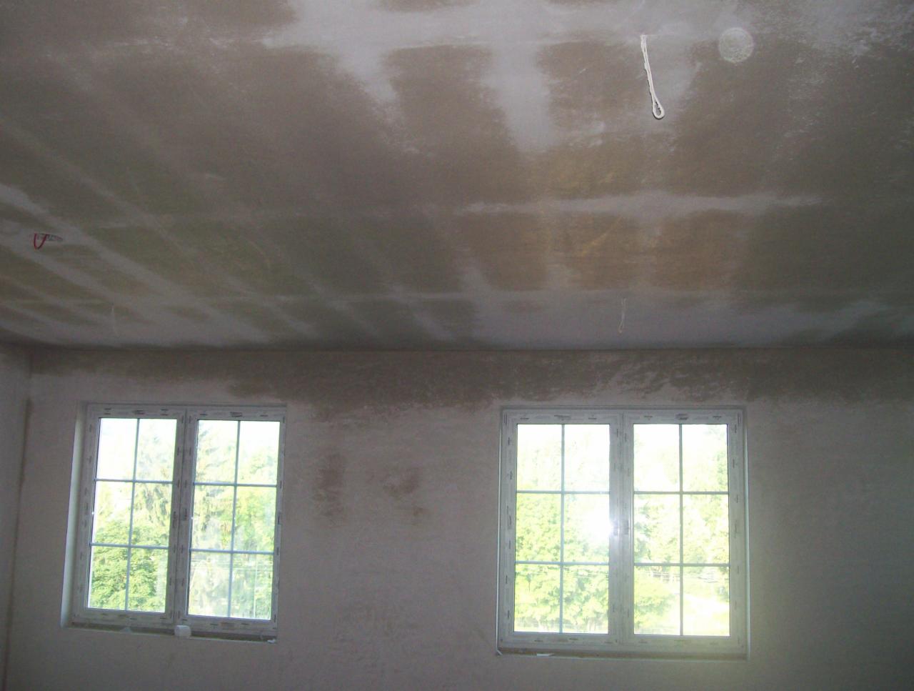 Pokój w trakcie prac wykończeniowych; ściany i sufit pokryte warstwą szpachli, widoczne dwa okna z widokiem na zieleń.