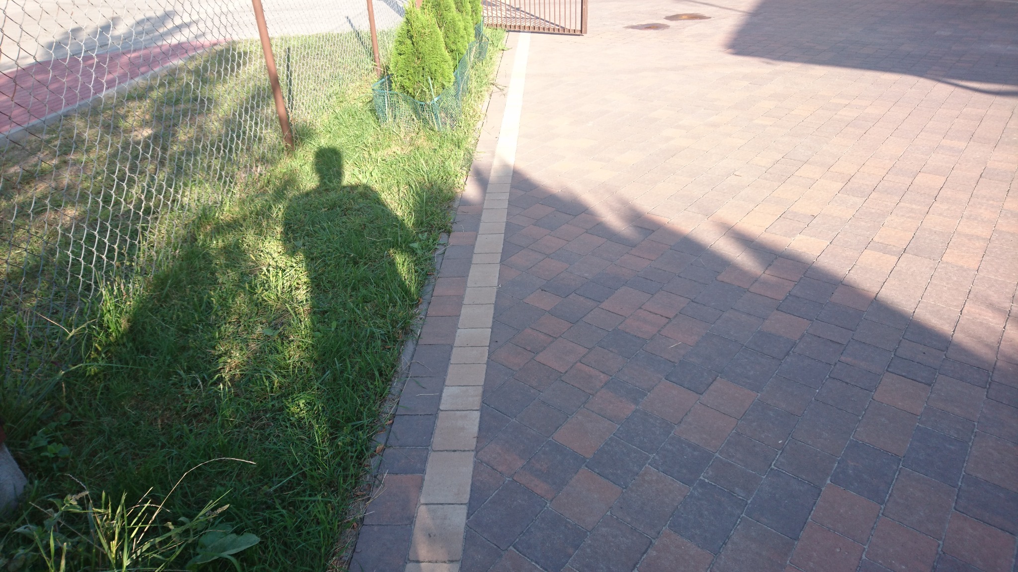 Ułożona kostka brukowa w odcieniach brązu i szarości, obramowana jasną kostką, z cieniem osoby na trawie przy ogrodzeniu.