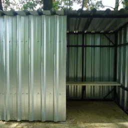 Metalowa konstrukcja z zadaszeniem, częściowo obudowana blachą falistą, widoczna półka wewnątrz, teren leśny w tle.