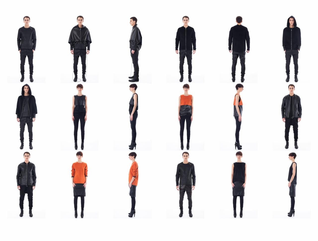Kolaż prezentujący różnorodne stylizacje odzieżowe na modelach, ukazane z przodu i z boku, na białym tle.