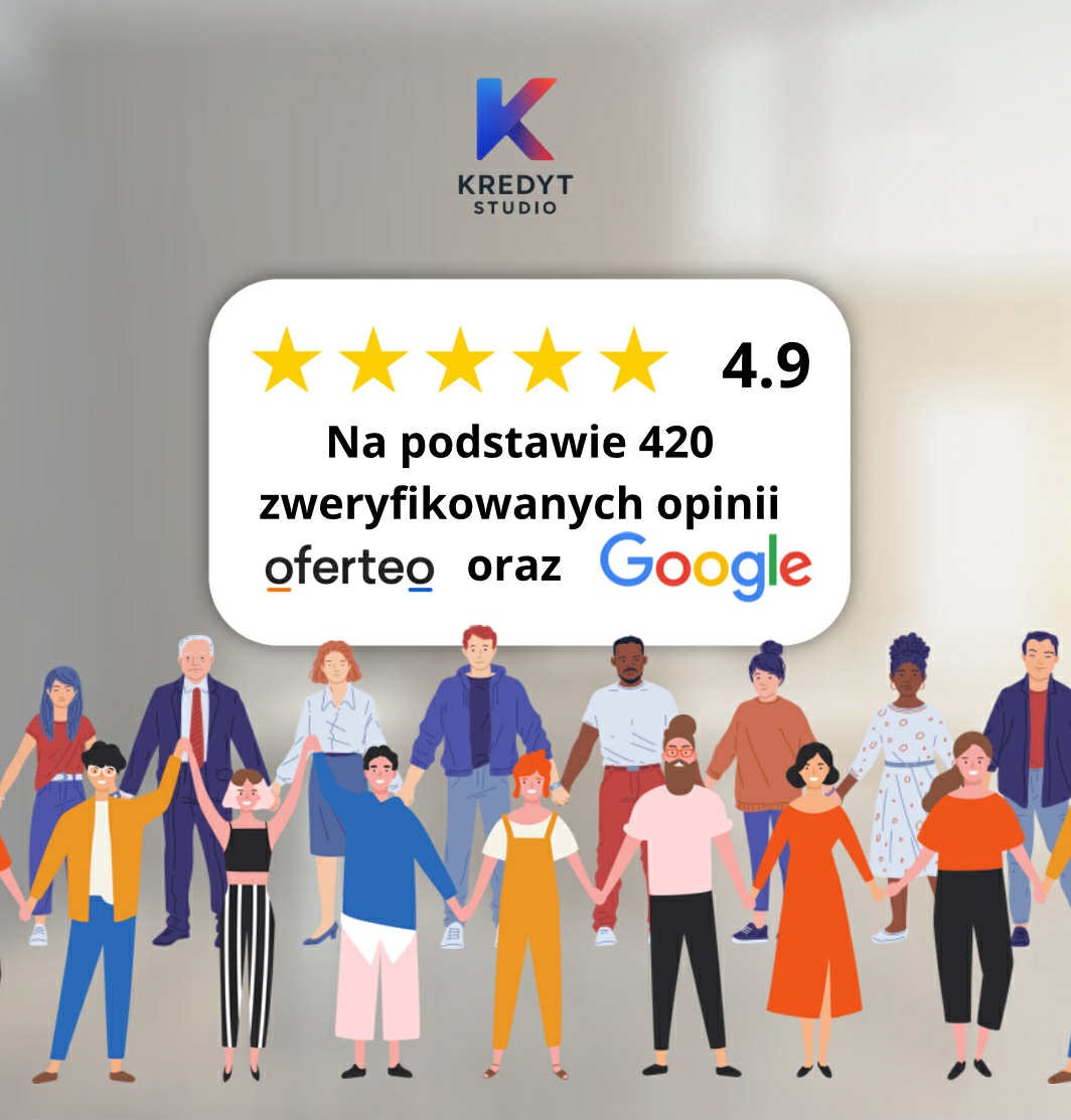 Logo Kredyt Studio z oceną 4.9 na podstawie 420 zweryfikowanych opinii Oferteo i Google, otoczone grafiką przedstawiającą różnorodne osoby trzymające się za ręce.