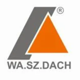 Logo firmy WA.SZ.DACH z pomarańczowym trójkątem wpisanym w szary trapez, symbol rejestracji w prawym górnym rogu.