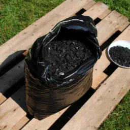 Otwarty czarny worek wypełniony bryłkami węgla na drewnianej palecie, obok biały talerzyk z próbką, na tle zielonej trawy.