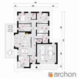 Rzut poziomy domu jednorodzinnego z garażem dwustanowiskowym, zlokalizowanego w Węgrzcach Wielkich, prezentujący rozkład pomieszczeń i wymiary.