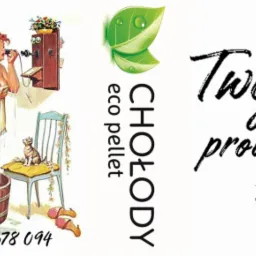 Retro ilustracja reklamowa: Kobieta w balii rozmawia przez stary telefon, obok kot na krześle, logo firmy z napisem 'Twój producent pelletu' i numer telefonu.