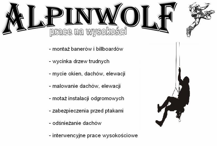 Grafika z logotypem Alpinwolf, lista usług wysokościowych (montaż banerów, wycinka drzew, mycie okien, malowanie), oraz sylwetka pracownika na linie.