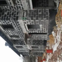 Wznoszenie surowego, dwukondygnacyjnego domu z betonu komórkowego. Widoczne otwory okienne i kominowe. W tle ziemia z pomarańczowymi rurami drenażowymi.