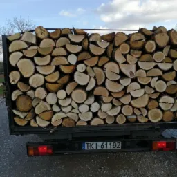 Przyczepa wypełniona pociętymi kłodami drewna w Miedzianej Górze, widoczna tablica rejestracyjna pojazdu.