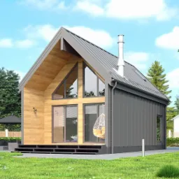 Wizualizacja nowoczesnego domu z szarą blachą na elewacji i drewnianą fasadą, z dużymi oknami i wiszącym fotelem na tarasie, otoczona zielonym trawnikiem i drzewami.