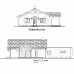 Rzut elewacji frontowej i bocznej parterowego domu jednorodzinnego w skali 1:100, przedstawiający detale architektoniczne, w tym okna, drzwi, dach i wykończenie ścian.