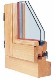 Przekrój ramy okiennej z drewna, ukazujący profil, uszczelki, szyby i okucia, z widoczną strukturą drewna i detalami konstrukcyjnymi.