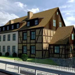 Wizualizacja zewnętrzna budynku dwukondygnacyjnego z poddaszem użytkowym, łączącego białą elewację z elementami muru pruskiego, widok z poziomu ulicy, barierka ochronna na pierwszym planie.