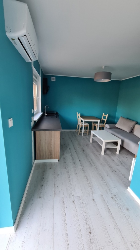 Wnętrze pokoju z aneksem kuchennym, turkusowe ściany, jasna podłoga imitująca drewno, klimatyzator na ścianie, stół z krzesłami i szara sofa.