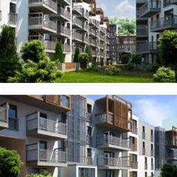 El - Control - Wielokondygnacyjny budynek mieszkalny z licznymi balkonami i drewnianymi elementami dekoracyjnymi, otoczony zielenią. Nowoczesna architektura z przeszkleniami.