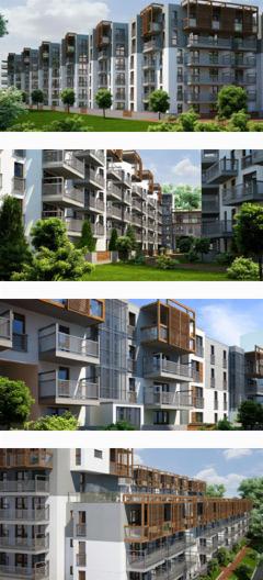 Wielokondygnacyjny budynek mieszkalny z licznymi balkonami i drewnianymi elementami dekoracyjnymi, otoczony zielenią. Nowoczesna architektura z przeszkleniami.