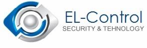 Logo firmy EL-Control z nowoczesnym symbolem oka w odcieniach szarości i niebieskiego. Napis 'SECURITY & TECHNOLOGY' podkreśla specjalizację firmy.