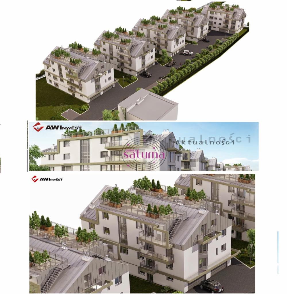 Wizualizacja osiedla domów wielorodzinnych z zielonymi dachami i balkonami, prezentowana w trzech ujęciach z różnej perspektywy, z logo dewelopera.