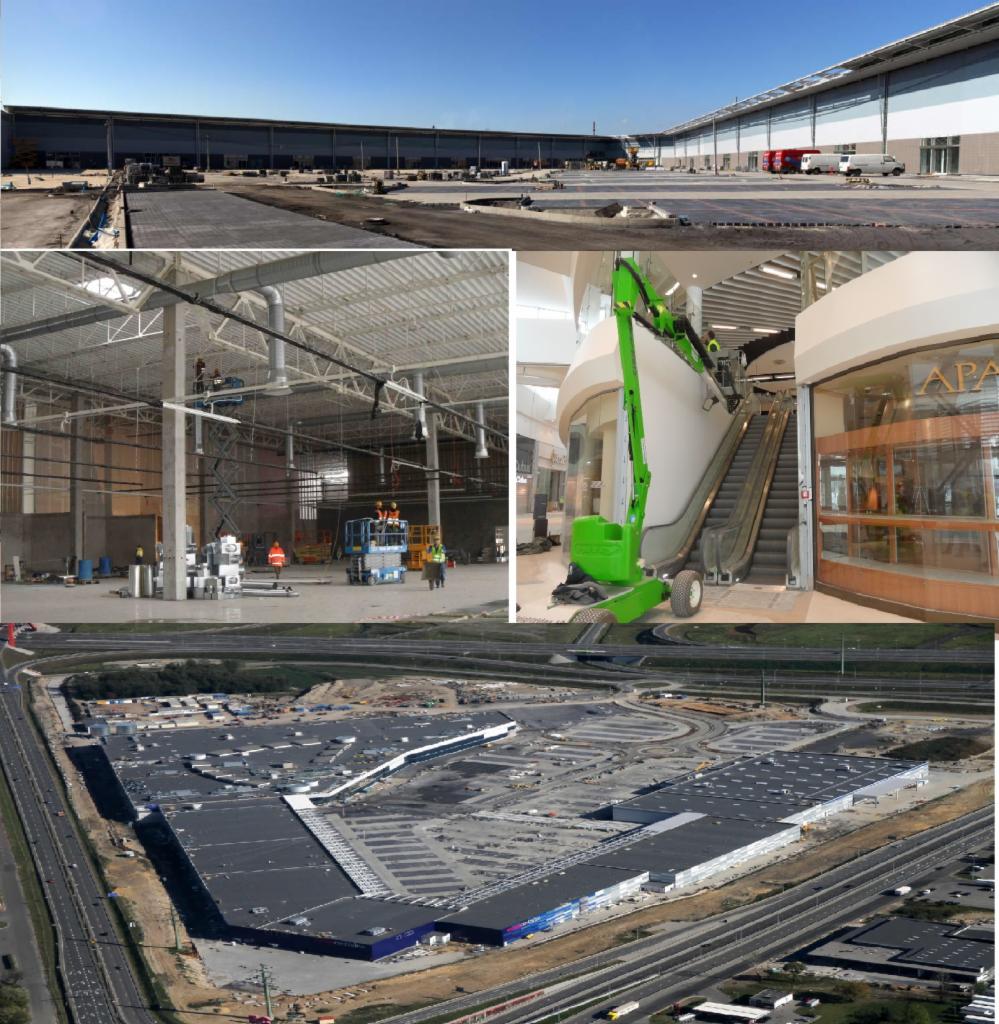 Rozległy kompleks budynków w budowie, z widocznymi instalacjami wentylacyjnymi, elektrycznymi i maszynami budowlanymi, prezentowany z różnych perspektyw.