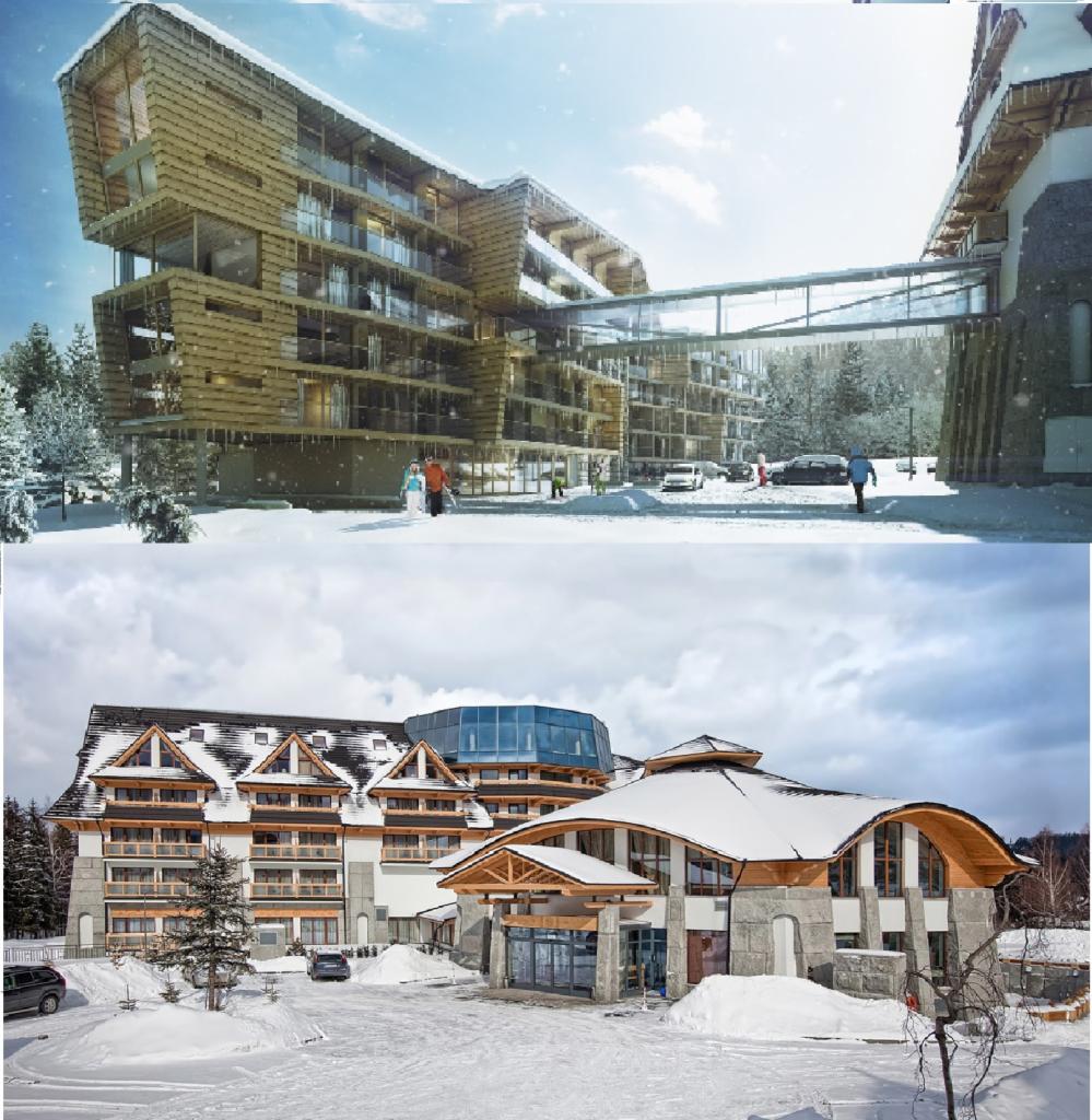 Dwa budynki w zimowym krajobrazie: górny z nowoczesną architekturą połączony szklanym mostem, dolny z tradycyjnym stylem zakopiańskim. Kontrast stylów i pory roku.