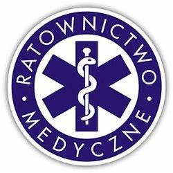 Logo Ratownictwa Medycznego: biały Eskulap na granatowym krzyżu, otoczone napisem 'Ratownictwo Medyczne' z granatowymi kropkami.
