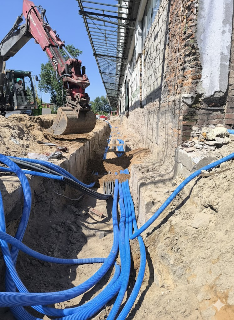 Wykop z ułożonymi niebieskimi rurami kablowymi w ziemi, obok budynku z cegły i koparka z przodu. Prace ziemne i instalacyjne w toku.