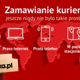 Grafika reklamowa firmy kurierskiej: uśmiechnięty kurier w czerwonej czapce i koszulce trzyma paczki z logo epaka.pl na tle czerwonej mapy świata i ikon oznaczających zamawianie przez internet...