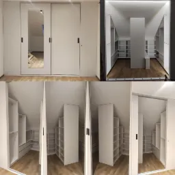 Biała garderoba na poddaszu z przesuwnymi drzwiami, częściowo otwarta, ukazująca półki i szuflady, z lustrem na jednych z drzwi, odbijającym schody.